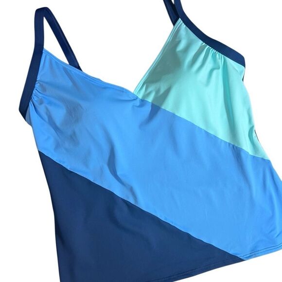 Talbots SUN OCEAN SAND COLORBLOCK V-NECK TANKINI Top Size 16 - Picture 9 of 14